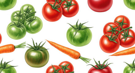 Fresh ripe red and green tomatoes and carrots pattern isolated on white background