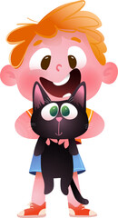 Cute happy and excited little boy holding his cat. Funny small kid hugging a black kitten with big eyes. Vector character illustration of a child pet owner and his domestic animal best friend.