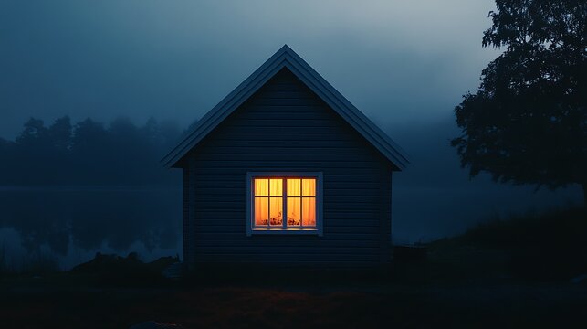 Small Wood Cabin Glowing Window Light Reflecting on Misty Lake at Dusk Landscape