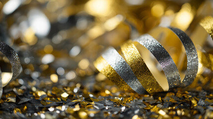 A dazzling close-up of a sparkling party decoration, featuring gold and silver streamers and confetti. The shimmer and shine create a festive vibe, perfect for New Year’s celebrations.