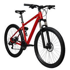 A sleek, red mountain bicycle isolated on a black background, angled slightly to the left