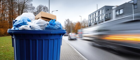 Bin overflows with plastic bags and cardboard boxes near busy street during dusk in an urban neighborhood