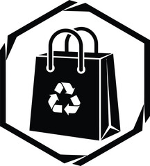 Black shopping bag with recycling symbol inside a hexagonal frame on a white background
