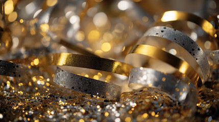 A dazzling close-up of a sparkling party decoration, featuring gold and silver streamers and confetti. The shimmer and shine create a festive vibe, perfect for New Year’s celebrations.