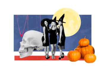 Composite photo collage of three happy witch girls sabbath stand together pumpkin jack skull spell magic isolated on painted background
