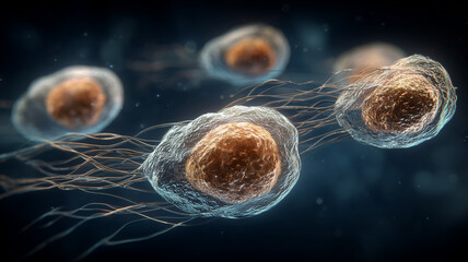 Motile microorganisms with streaming filaments traveling through fluid, illustrating cellular movement research and the dynamics of life

