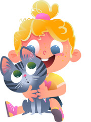 Cute happy and excited little girl holding her cat. Funny small kid hugging a grey kitten with big eyes. Vector character illustration of a child pet owner and her domestic animal best friend.