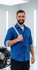 Professional auto mechanic with a wrench smiling in a modern car repair shop. Expert technician providing vehicle maintenance service
