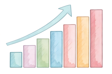 A watercolor-style bar chart with an upward arrow symbolizing business growth, education progress, and analysis. The hand-painted texture gives it a soft, creative look suitable for school projects, b
