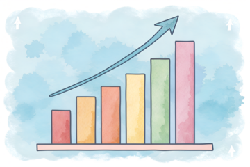 A watercolor-style bar chart with an upward arrow symbolizing business growth, education progress, and analysis. The hand-painted texture gives it a soft, creative look suitable for school projects, b