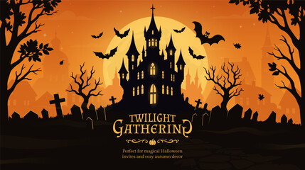 Happy halloween banner or party invitation background with orange fog clouds and pumpkins