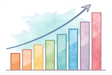 A watercolor-style bar chart with an upward arrow symbolizing business growth, education progress, and analysis. The hand-painted texture gives it a soft, creative look suitable for school projects, b