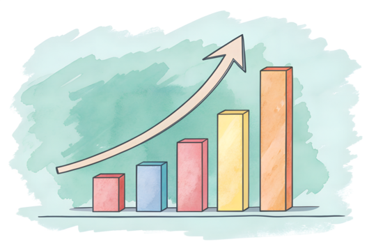 A watercolor-style bar chart with an upward arrow symbolizing business growth, education progress, and analysis. The hand-painted texture gives it a soft, creative look suitable for school projects, b