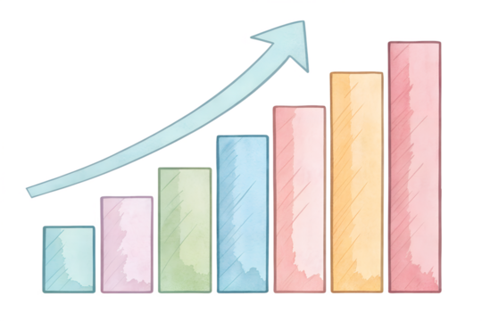 A watercolor-style bar chart with an upward arrow symbolizing business growth, education progress, and analysis. The hand-painted texture gives it a soft, creative look suitable for school projects, b