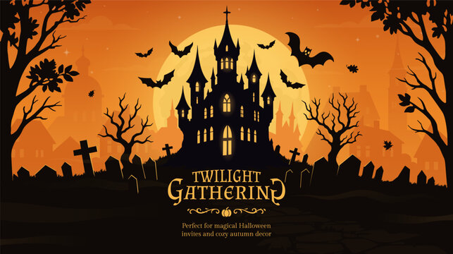 Happy halloween banner or party invitation background with orange fog clouds and pumpkins