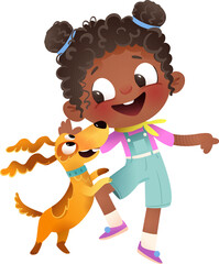 Happy and excited little black girl playing with dog. Cute small African American child having fun with puppy. Vector character illustration of a child pet owner and her domestic animal best friend.