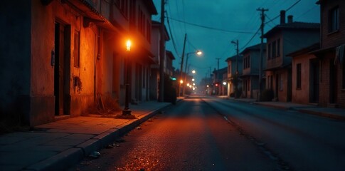 Flickering Candlelight Casts Long Shadows on a Deserted Street, Evoking a Feeling of Isolation and Warmth in a Sun-Baked Urban Landscape at Night