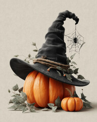 Halloween Still Life: A captivating Halloween still life featuring a whimsical witch's hat, resting atop vibrant orange pumpkins, adorned with delicate spider web and charming leaves.