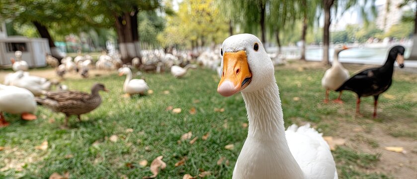 Group of ducks and geese enjoying a sunny afternoon in a green park by the water with trees surrounding them