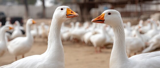 Fototapeta premium Geese gathered in a farmyard during a sunny day, showcasing their white feathers and vibrant orange beaks
