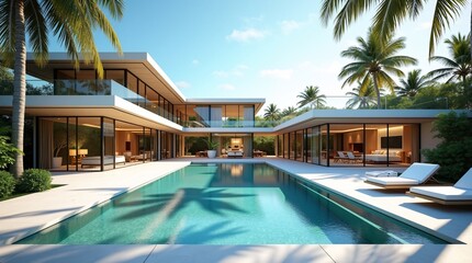 Fototapeta premium A modern tropical villa with a large swimming pool, surrounded by palm trees and glass walled living spaces under a clear blue sky.