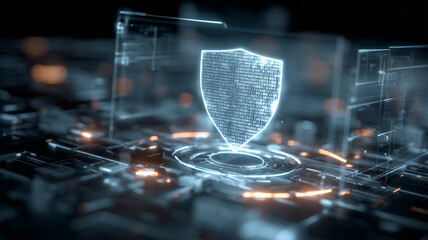 Digital shield hovering over circuitry representing robust cybersecurity that fortifies infrastructure and builds trust in connected systems.

