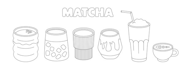 Matcha drinks coloring page. Hand-drawn vector illustration with various matcha beverages in different cups and glasses. Black and white outline for coloring.