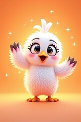 Fototapeta premium Adorable fluffy white cartoon chick with big eyes and outstretched wings on a warm orange background with sparkling lights