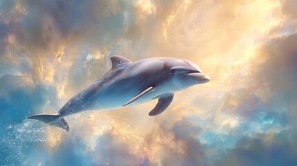 Majestic dolphin leaping through pink violet and blue clouds, surreal fantasy sky, concept of wildlife imagination and freedom, colorful nature dream scene