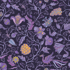 Floral vintage seamless pattern in Jacobean style for retro wallpapers. Enchanted Vintage Flowers. Chintz inspired. Design for wrapping paper, wallpaper, fabrics and fashion clothes.