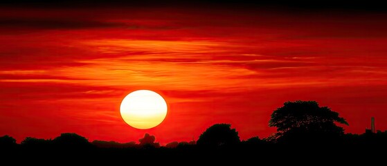 Fototapeta premium Vibrant sunset with a large sun setting behind silhouettes of trees and distant structures against a colorful sky
