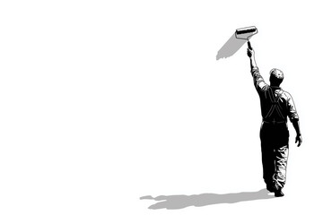 Black and White Silhouette of a Person Painting a Wall with a Roller — Minimalistic Illustration with Copy Space for Titles, Messages, Home Improvement, DIY, and Interior Design Concepts.