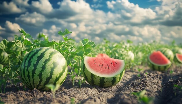 Watermelon Patch, Fresh Cut Fruit, Farm Field Under Cloudy Sky, Healthy Food