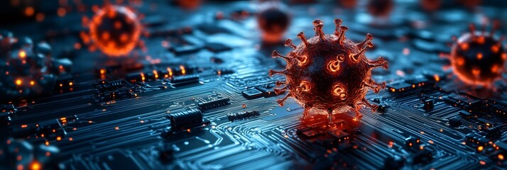 Computer virus attacking circuit board, symbolizing cyber infection