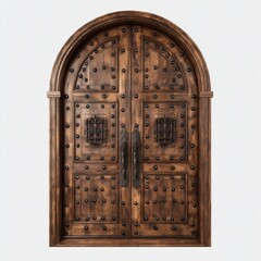 Classic arched wooden door with wrought iron hardware and decorative studs on plain white background