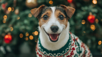 A cute dog wearing a festive Christmas sweater, sitting in front of a decorated tree. The dog's joyful expression captures the fun of the holiday season, perfect for sharing on social media