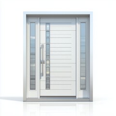 Contemporary aluminum front door with horizontal lines pattern and glass accents on clean white background