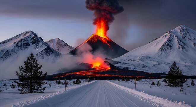 Volcanic Eruption in Snowy Landscape - A Powerful Display of Natures Fury. - Powered by Adobe
