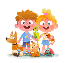 Happy and excited children with animals pets. Cat and dog, guinea pig, parrot and turtle domestic animals cartoon for small kids. Colorful children and fun pet animals vector clip art illustration.