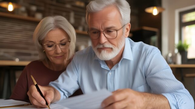 Senior couple signing documents, planning finances for retirement