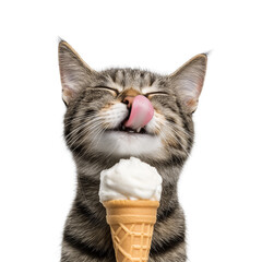 Playful Kitten Licking Ice Cream Cone with Cute Expression, Isolated on Transparent Background