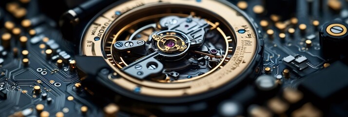 Fototapeta premium Watch mechanism with circuit board and microchips