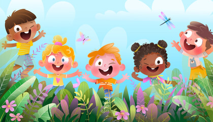 Little children playing in nature outside together. Kids jumping and smiling among flowers and grass. Happy children characters boys and girls friends group. Colorful vector illustration for kids.