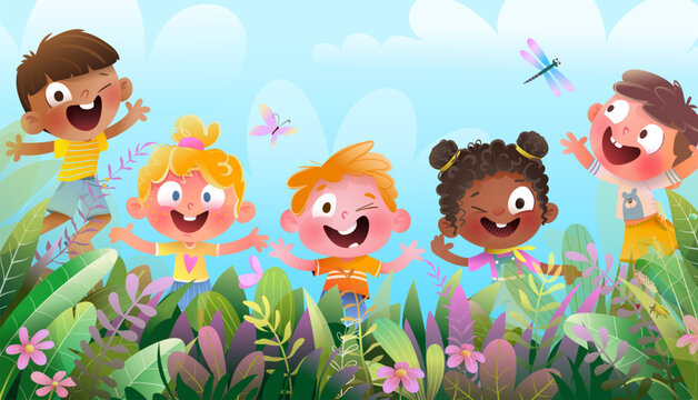 Little children playing in nature outside together. Kids jumping and smiling among flowers and grass. Happy children characters boys and girls friends group. Colorful vector illustration for kids.