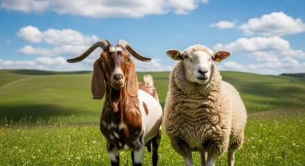 A goat and a sheep standing together in a green pasture. Two farm animals in a rural countryside landscape. Livestock and agriculture concept