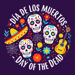 Vector illustration of Día de los Muertos design with sugar skulls, guitar, sombrero, flowers, and festive typography celebrating the Mexican Day of the Dead holiday