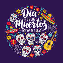 Vector illustration of Día de los Muertos design with sugar skulls, guitar, sombrero, flowers, and festive typography celebrating the Mexican Day of the Dead holiday