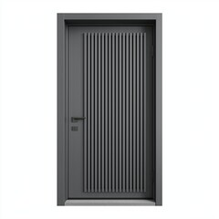 Modern pivot front door with vertical slat design in gray finish on plain white isolated background