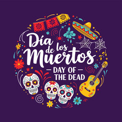 Vector illustration of Día de los Muertos design with sugar skulls, guitar, sombrero, flowers, and festive typography celebrating the Mexican Day of the Dead holiday