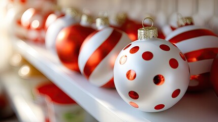 Colorful red and white Christmas ornaments lined on a shelf ready for holiday decorating in a cozy home setting